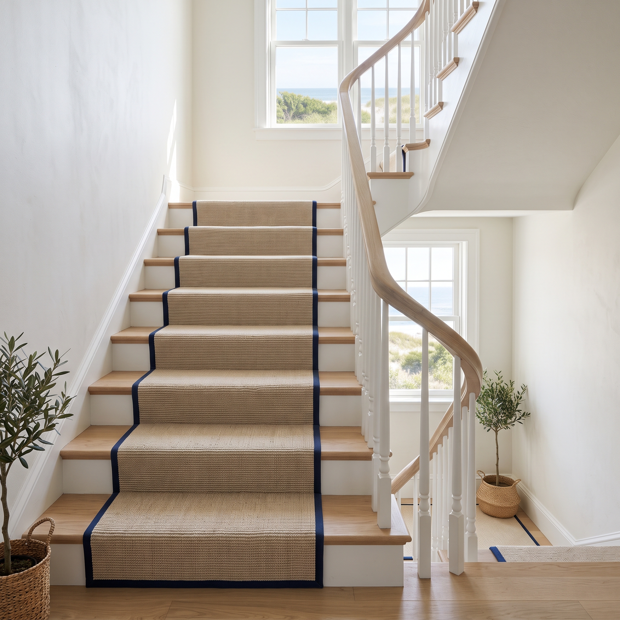 Sand-colored carpet stair runner with a navy border and bound edges on white oak stairs